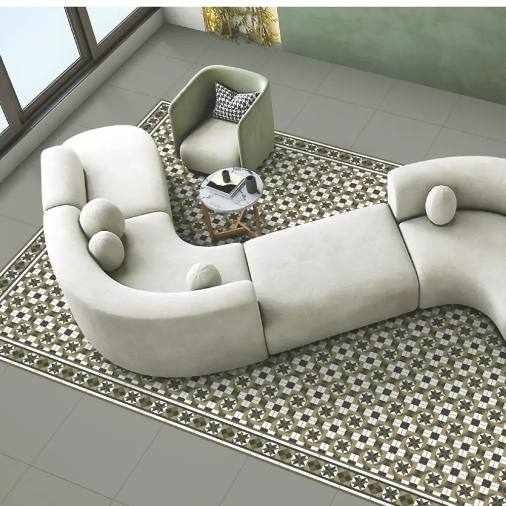 Carpet design tiles creating a patterned floor in a modern living room