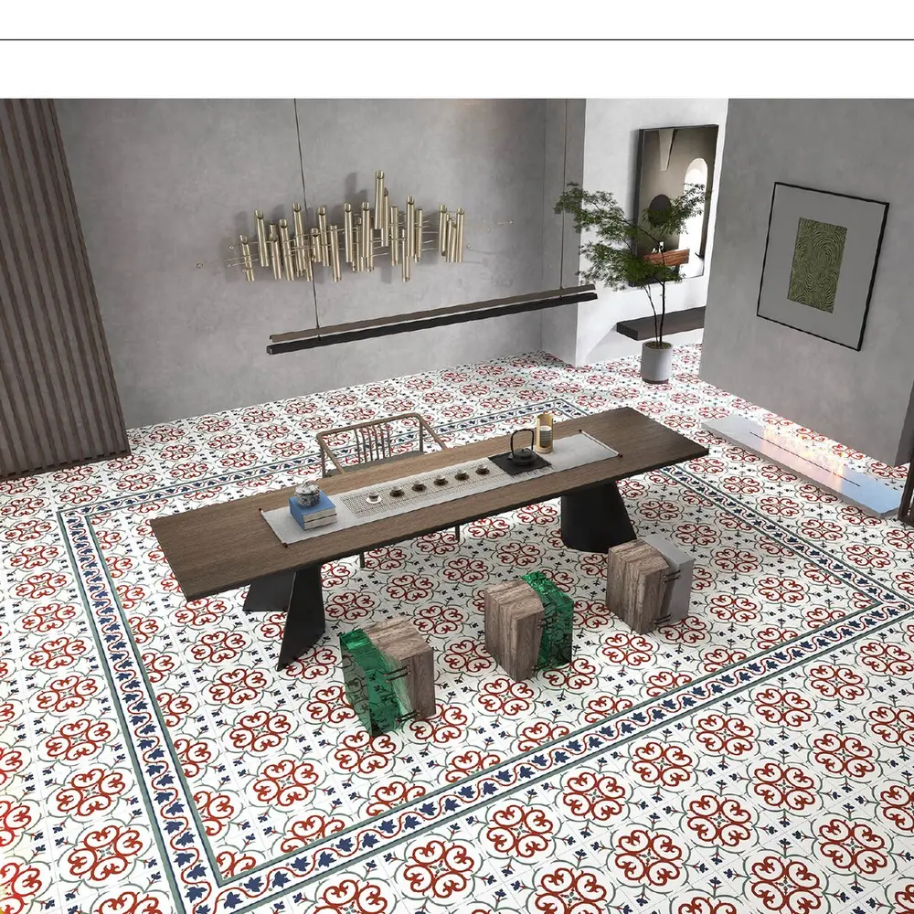 Chettinad and Athangudi patterned tiles in a premium living interior