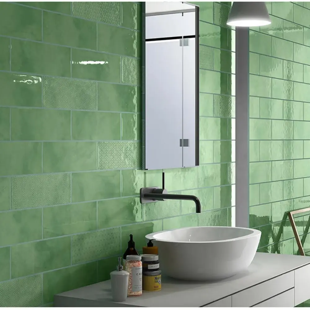 Rome green glossy subway tiles in a premium bathroom interior