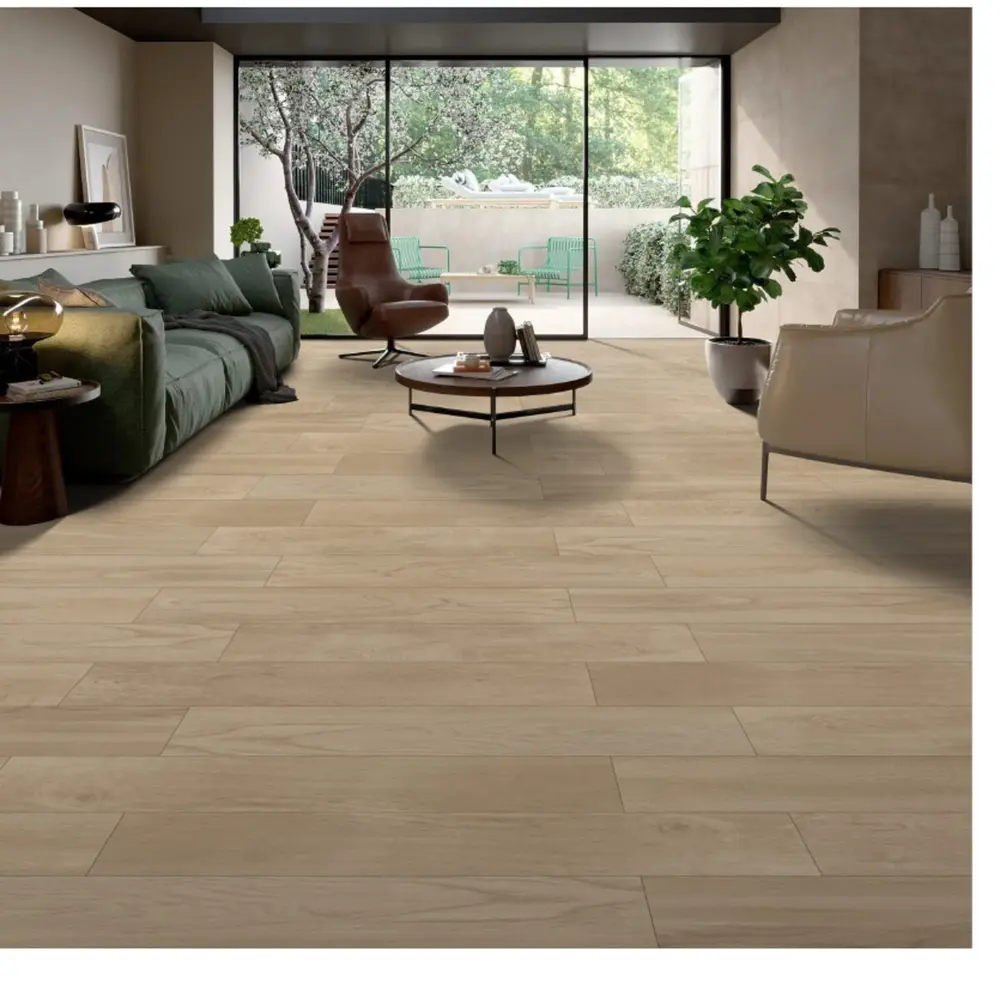 Natural wooden floor tiles in a contemporary living room